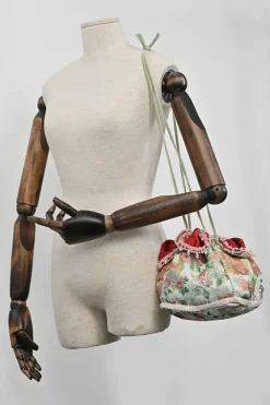 Multi-colour bead-embellished floral jacquard drawstring bucket bag