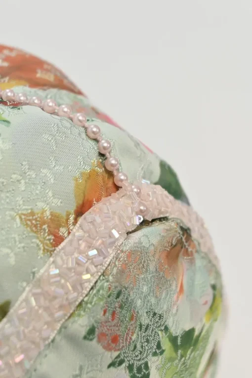 Multi-colour bead-embellished floral jacquard drawstring bucket bag