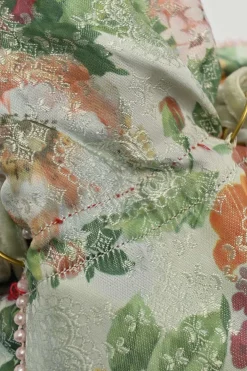 Multi-colour bead-embellished floral jacquard drawstring bucket bag