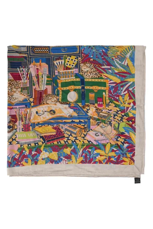Multi-colour cashmere-silk blend 'Les Douze Leopards' double-face scarf featuring original artwork by Jin Kwon