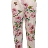 Multi-colour coton-silk blend floral jacquard pull-on mid-rise tapered leg tailored trousers with logo band side seams