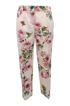 Multi-colour coton-silk blend floral jacquard pull-on mid-rise tapered leg tailored trousers with logo band side seams