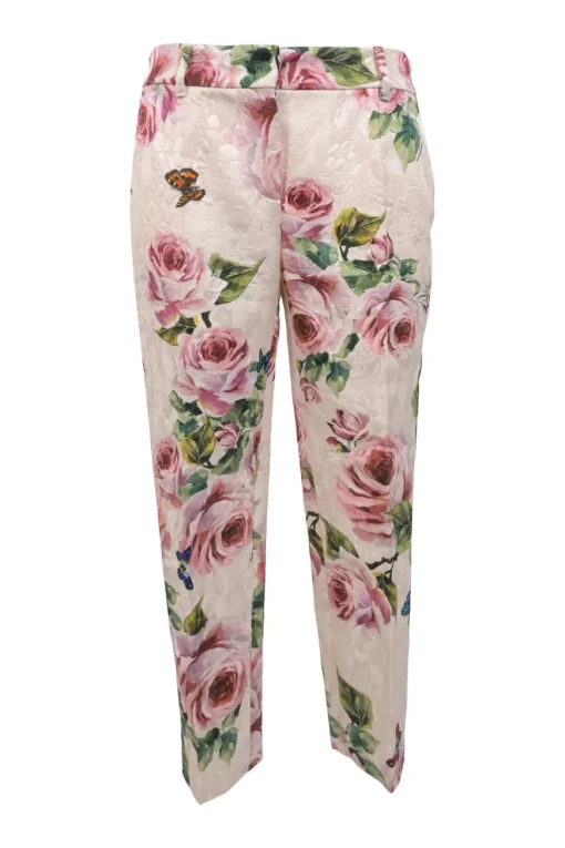 Multi-colour coton-silk blend floral jacquard pull-on mid-rise tapered leg tailored trousers with logo band side seams