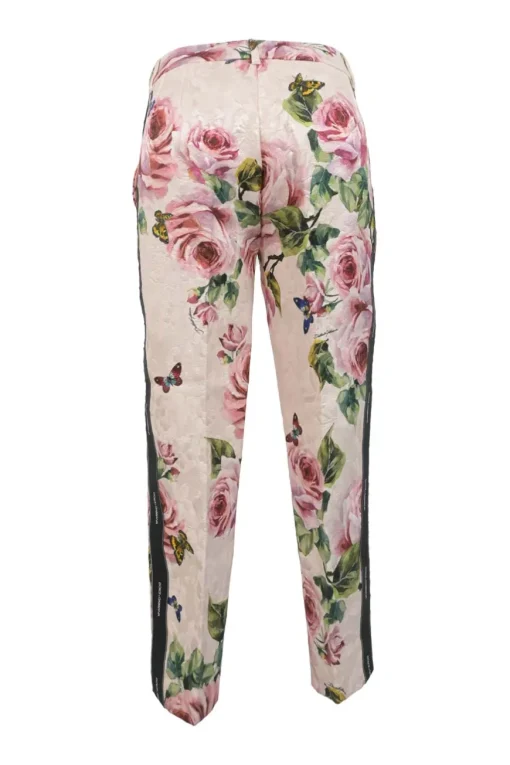 Multi-colour coton-silk blend floral jacquard pull-on mid-rise tapered leg tailored trousers with logo band side seams