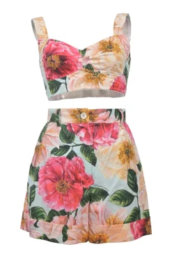 Multi-colour cotton-blend floral print two-piece set featuring bustier top and high-rise shorts