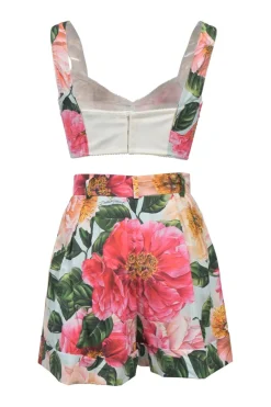 Multi-colour cotton-blend floral print two-piece set featuring bustier top and high-rise shorts