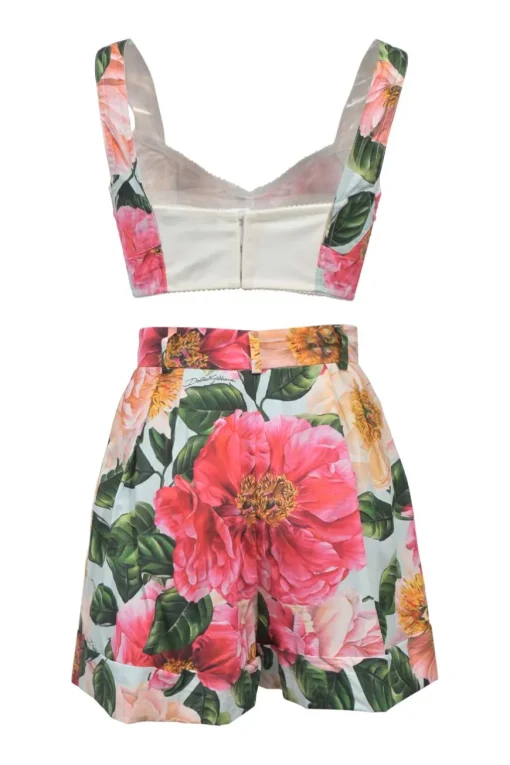 Multi-colour cotton-blend floral print two-piece set featuring bustier top and high-rise shorts