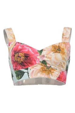 Multi-colour cotton-blend floral print two-piece set featuring bustier top and high-rise shorts