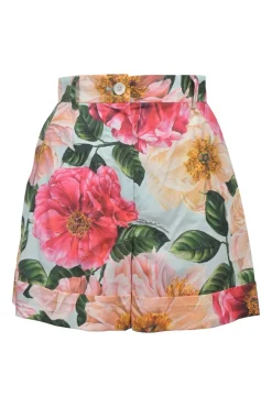 Multi-colour cotton-blend floral print two-piece set featuring bustier top and high-rise shorts