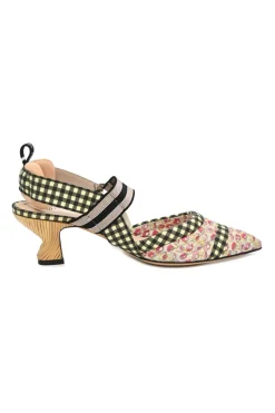 Multi-colour floral quilt, gingham fabric, and leather Colibri pointed-toe Colibri pumps with woven heels