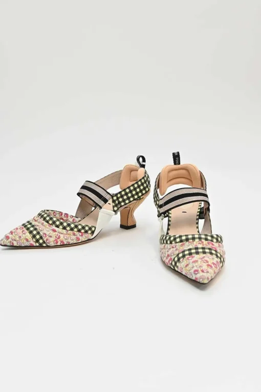 Multi-colour floral quilt, gingham fabric, and leather Colibri pointed-toe Colibri pumps with woven heels