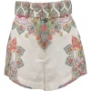 Multi-colour linen abstract kaleidoscope print high-rise belted shorts