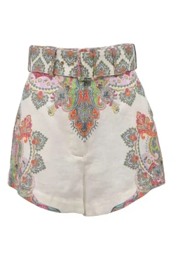 Multi-colour linen abstract kaleidoscope print high-rise belted shorts