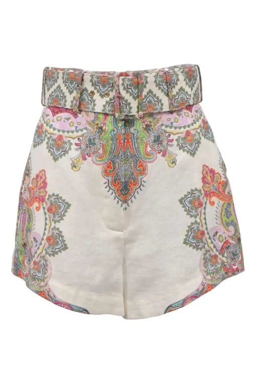 Multi-colour linen abstract kaleidoscope print high-rise belted shorts