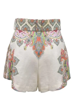 Multi-colour linen abstract kaleidoscope print high-rise belted shorts