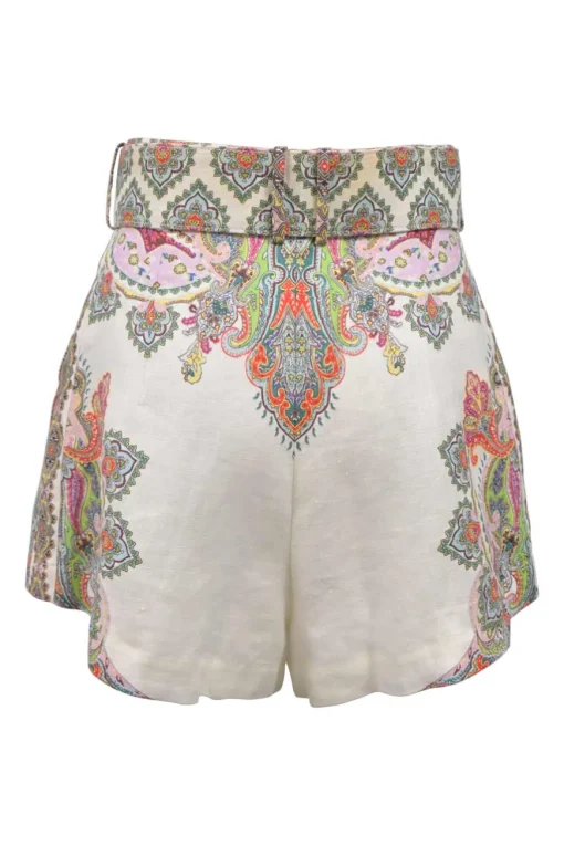 Multi-colour linen abstract kaleidoscope print high-rise belted shorts