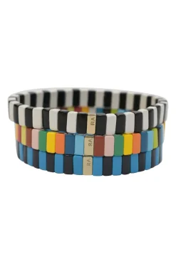 Multi-colour metal and enamel stacked stretch bracelets