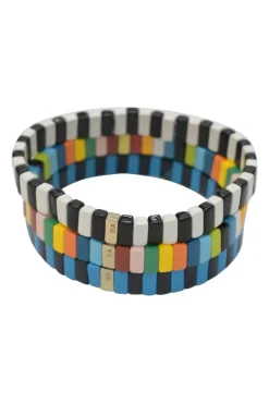 Multi-colour metal and enamel stacked stretch bracelets