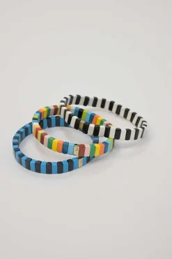 Multi-colour metal and enamel stacked stretch bracelets
