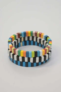 Multi-colour metal and enamel stacked stretch bracelets