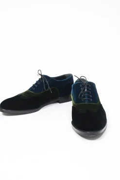 Multi-colour paneled velvet lace-up brogues