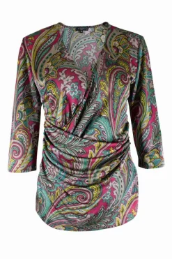 Multicolour polyester paisley print jersey wrap effect blouse