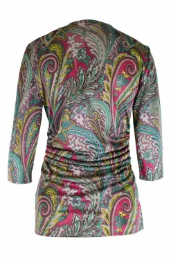 Multicolour polyester paisley print jersey wrap effect blouse