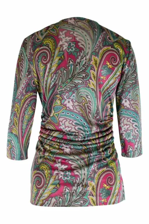 Multicolour polyester paisley print jersey wrap effect blouse