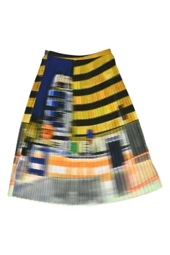 Multi-colour polyester-blend abstract barré print pull-on midi plissé skirt