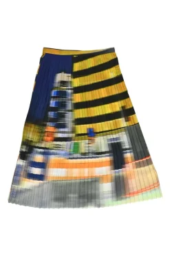Multi-colour polyester-blend abstract barré print pull-on midi plissé skirt