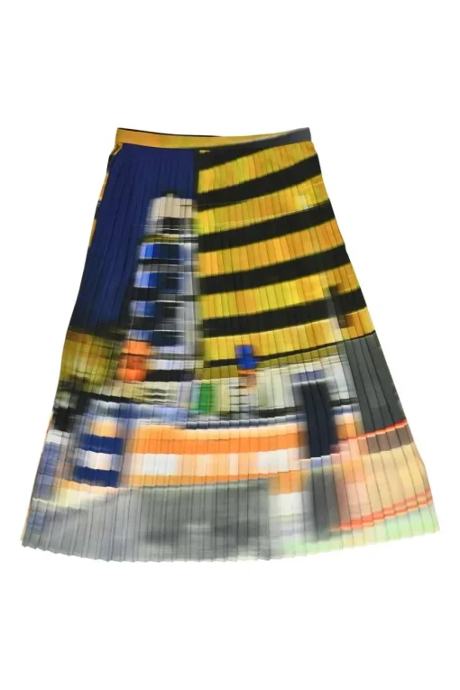 Multi-colour polyester-blend abstract barré print pull-on midi plissé skirt