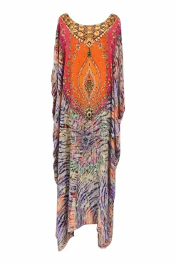 Multi-colour printed silk round neck Franks long kaftan