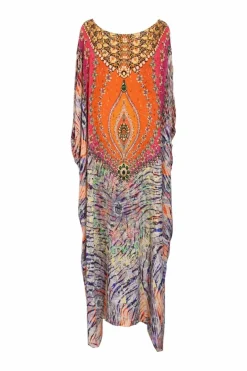Multi-colour printed silk round neck Franks long kaftan