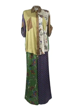Multi-colour silk abstract print patchwork resortwear dolman sleeve blouse and palazzo trouser two-piece set