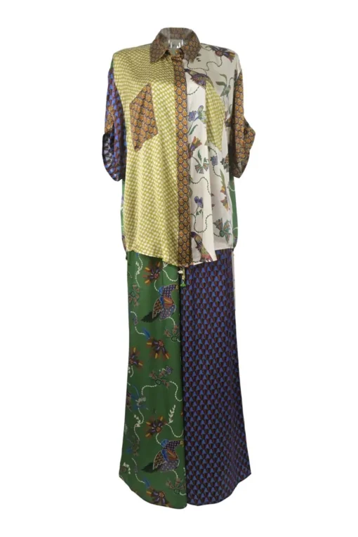 Multi-colour silk abstract print patchwork resortwear dolman sleeve blouse and palazzo trouser two-piece set