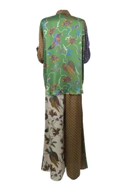 Multi-colour silk abstract print patchwork resortwear dolman sleeve blouse and palazzo trouser two-piece set