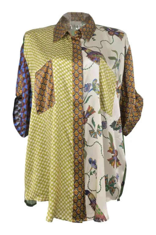 Multi-colour silk abstract print patchwork resortwear dolman sleeve blouse and palazzo trouser two-piece set