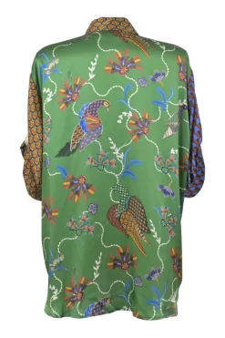 Multi-colour silk abstract print patchwork resortwear dolman sleeve blouse and palazzo trouser two-piece set