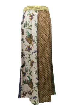 Multi-colour silk abstract print patchwork resortwear dolman sleeve blouse and palazzo trouser two-piece set