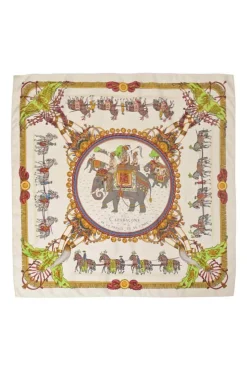 Multi-colour silk 'Caparaçons de la France et de l'Inde' print scarf featuring original artwork by Philippe Ledoux