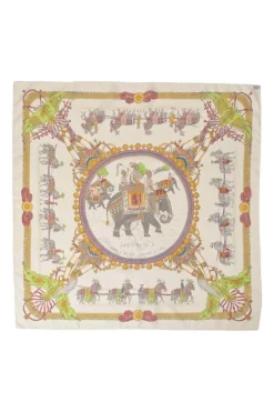 Multi-colour silk 'Caparaçons de la France et de l'Inde' print scarf featuring original artwork by Philippe Ledoux