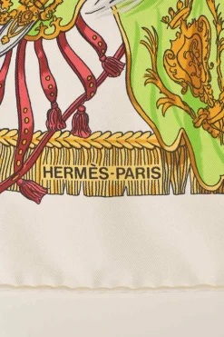 Multi-colour silk 'Caparaçons de la France et de l'Inde' print scarf featuring original artwork by Philippe Ledoux
