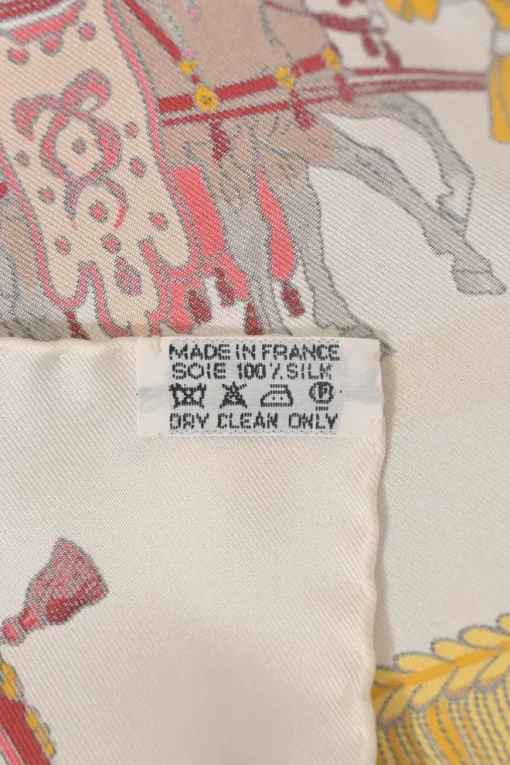 Multi-colour silk 'Caparaçons de la France et de l'Inde' print scarf featuring original artwork by Philippe Ledoux