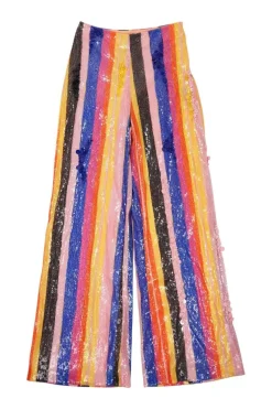Multi-colour stripe sequined polyester pull-on high-rise wide-leg trousers