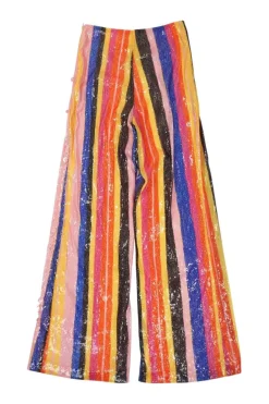 Multi-colour stripe sequined polyester pull-on high-rise wide-leg trousers
