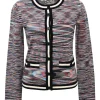 Multi-colour wool-blend knit two-piece set with crewneck T-shirt and contrast-trimmed button front cardigan