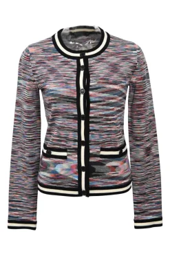 Multi-colour wool-blend knit two-piece set with crewneck T-shirt and contrast-trimmed button front cardigan