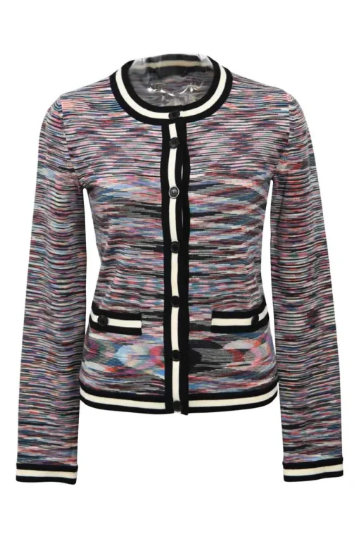 Multi-colour wool-blend knit two-piece set with crewneck T-shirt and contrast-trimmed button front cardigan