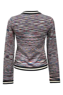 Multi-colour wool-blend knit two-piece set with crewneck T-shirt and contrast-trimmed button front cardigan