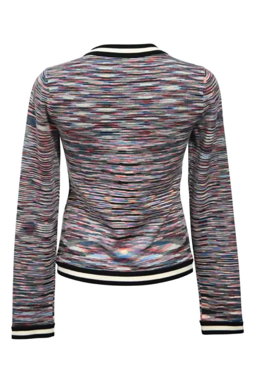 Multi-colour wool-blend knit two-piece set with crewneck T-shirt and contrast-trimmed button front cardigan